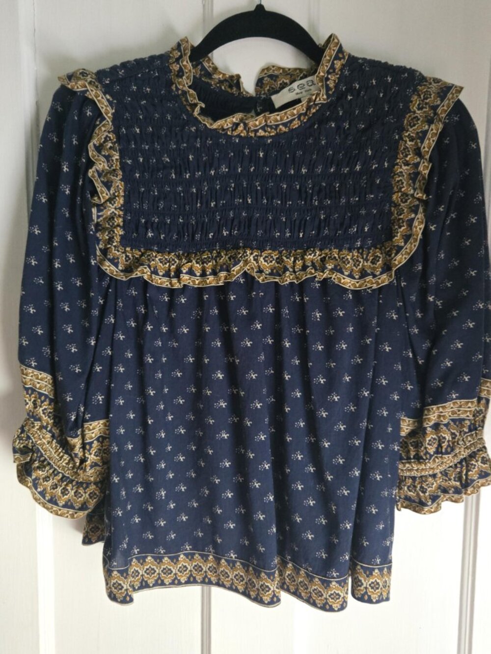 Sea New York Arlita Print Puff Sleeve Top in navy blue sz M - Picture 5 of 8